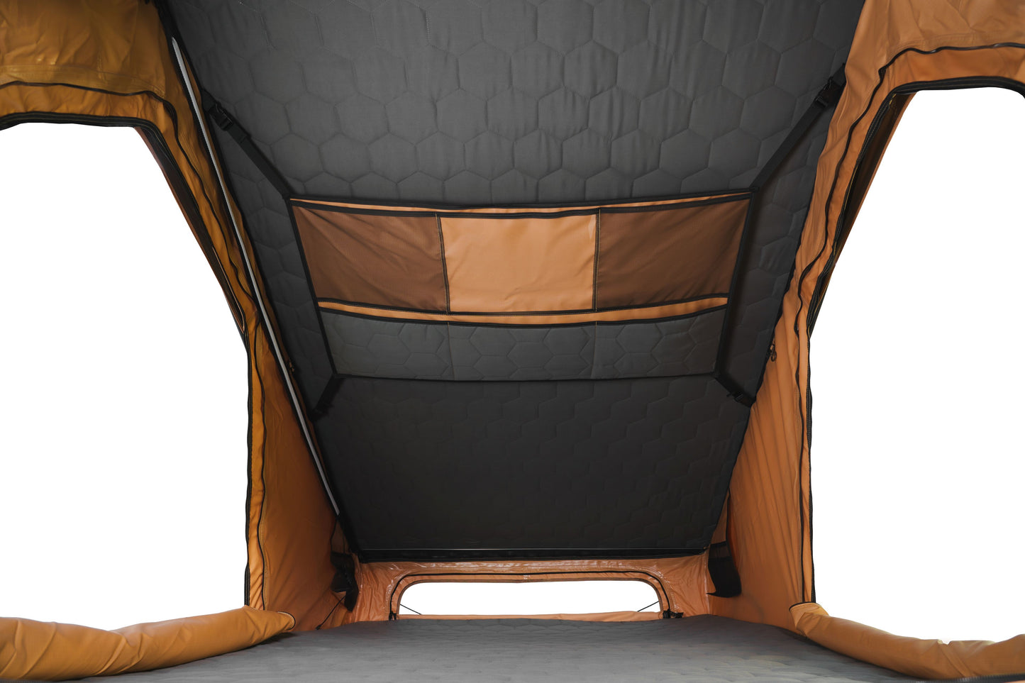 Seitlich öffnendes Dachzelt für Auto und Minicamper, 2 Personen, Hartschale. Innenansicht mit Matratze. 