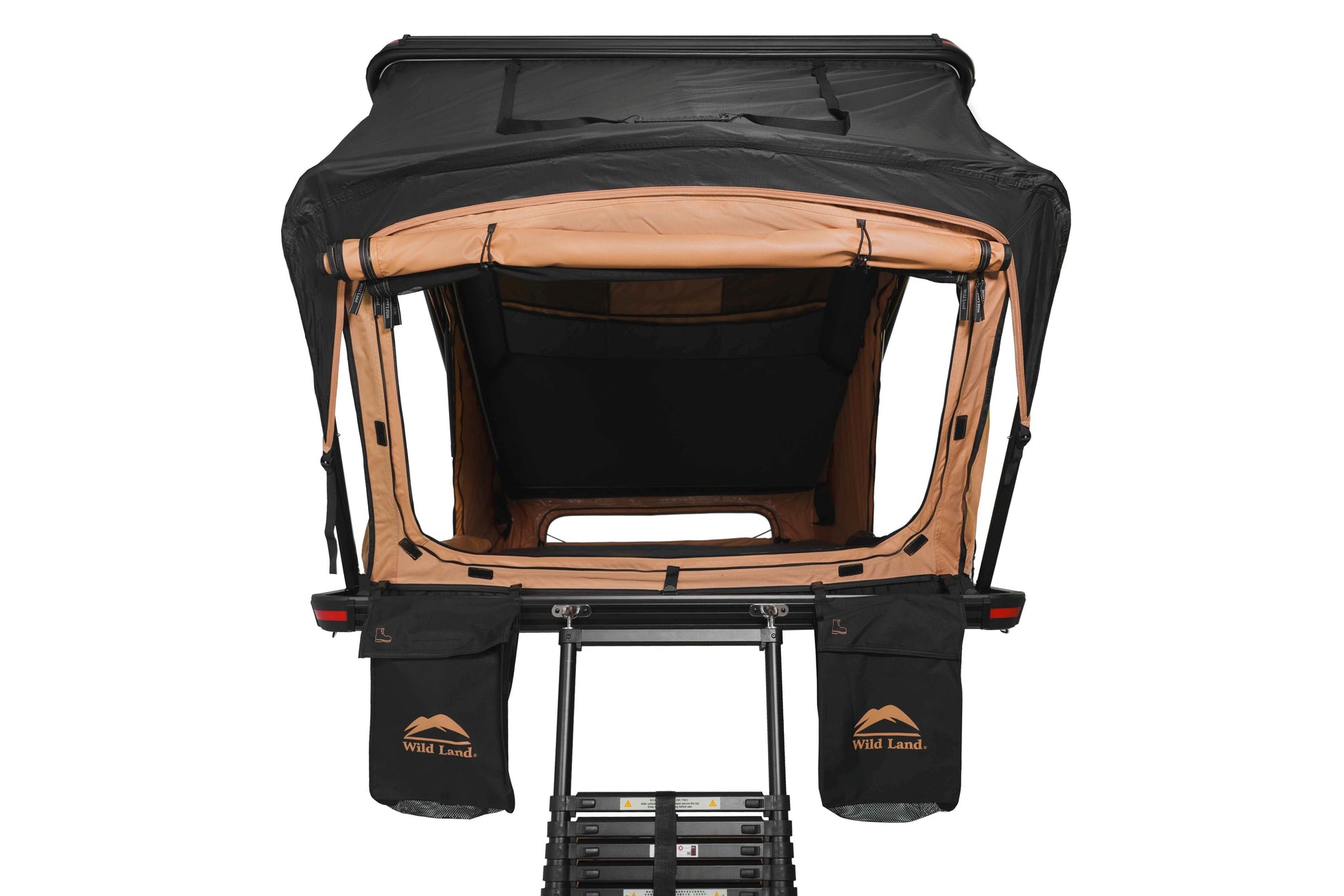 Seitlich öffnendes Dachzelt für Auto und Minicamper, 2 Personen, Hartschale. Frontansicht alle Fenster geöffnet. 