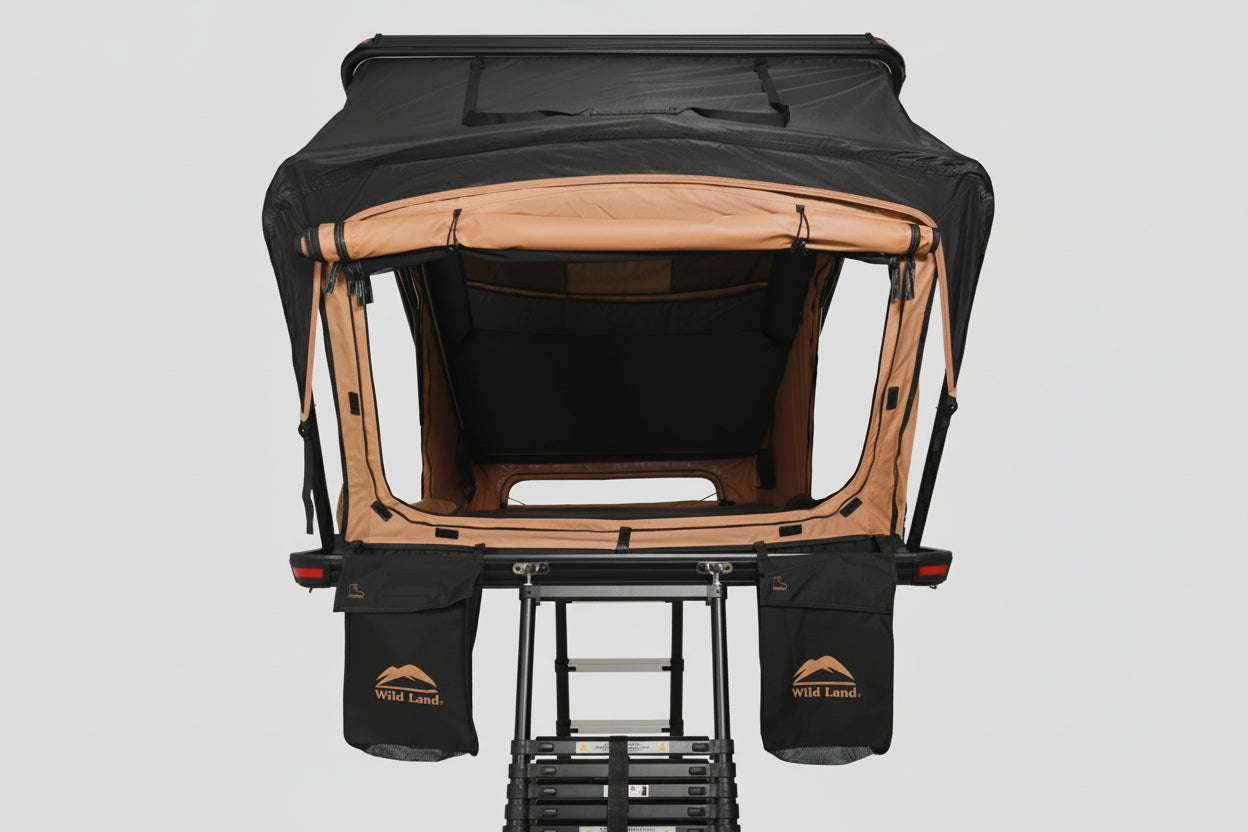 Aufgestelltes 2 Personen Hartschalen-Dachzelt Produktfoto, Vorderansicht