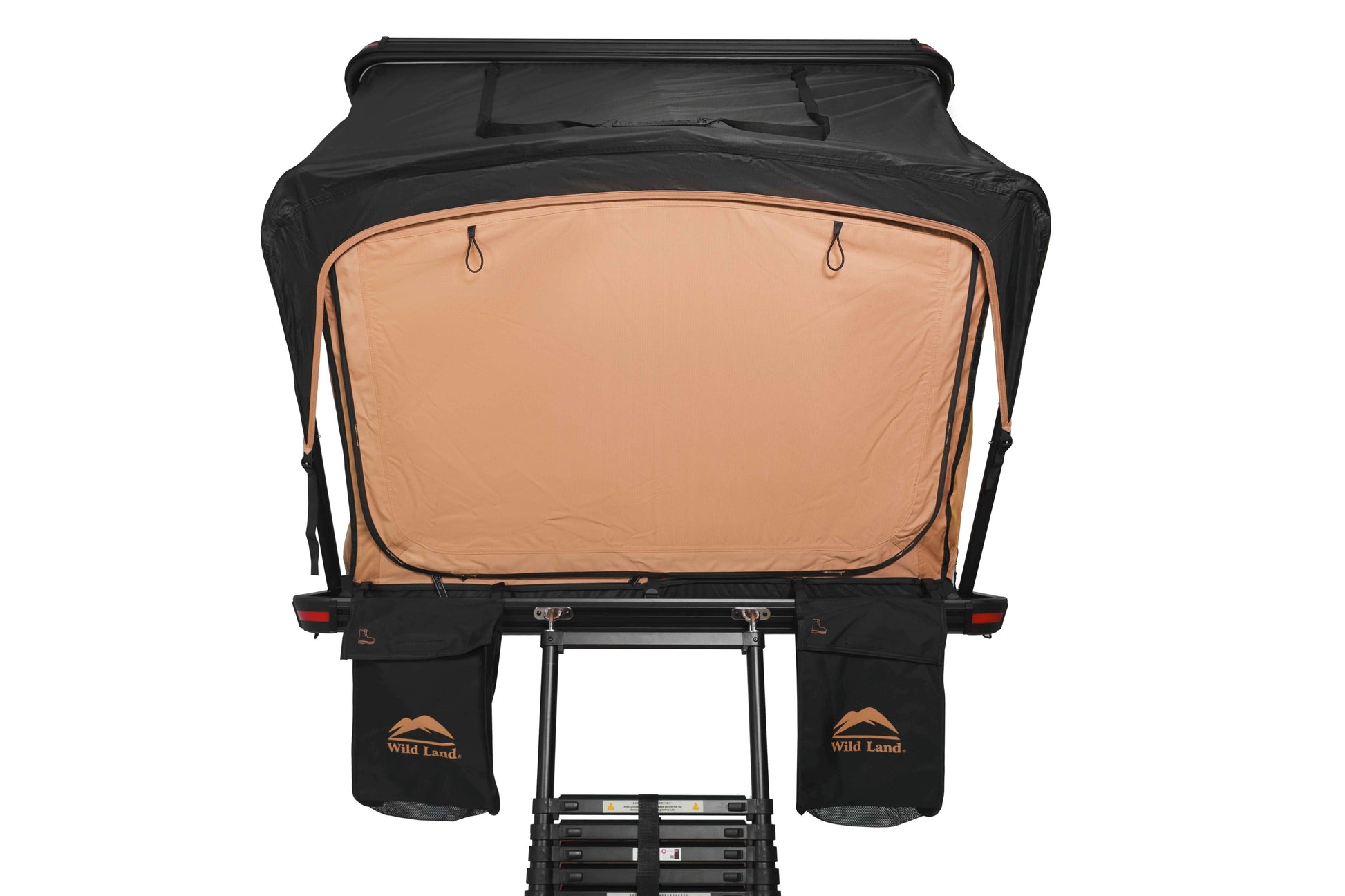 Aufgebautes 2 Personen Hartschalen-Dachzelt Produktfoto, Vorderansicht geschlossene Fenster