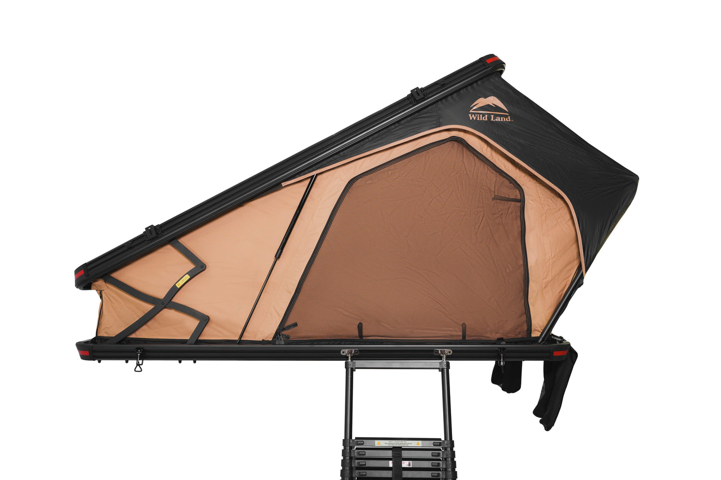 aufgebautes 2 Personen Hartschalen-Dachzelt Produktfoto, Seitenansicht geschlossen mit aufgebauter Leiter und Schuhsäcken 