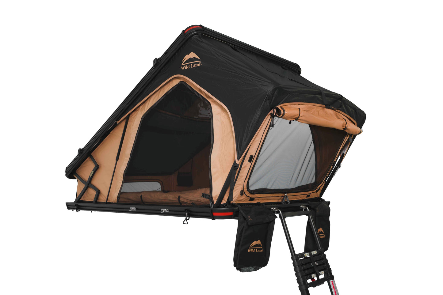 Aufgebautes 2 Personen Hartschalen-Dachzelt Produktfoto, Dreiviertelansicht, mit Mückenschutznetz. 