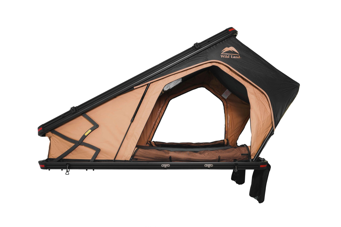 Aufgebautes 2 Personen Hartschalen-Dachzelt Produktfoto, Seitenansicht mit Scheren und Gasdruckdämpfern. 