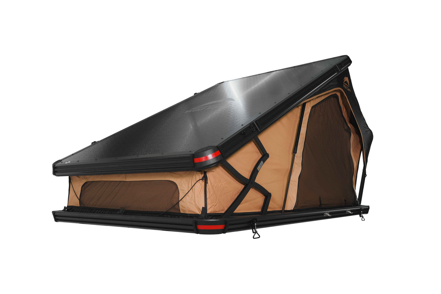 Seitlich öffnendes Dachzelt für Auto und Minicamper, 2 Personen, Hartschale. Heckansicht auf den Aludeckel.