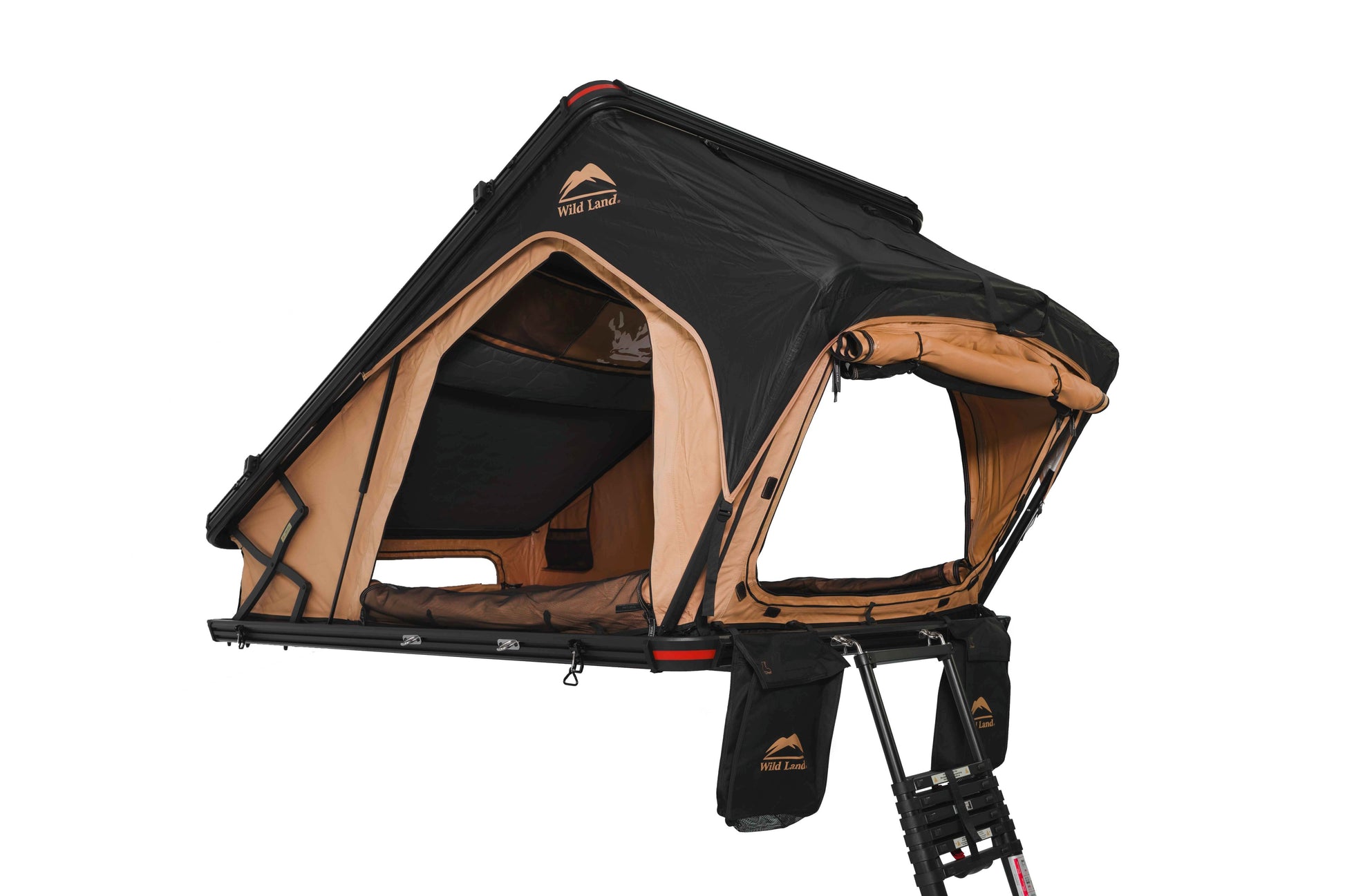 Seitlich öffnendes Dachzelt für Auto und Minicamper, 2 Personen, Hartschale. Dreiviertelansicht alle Fenster geöffnet.