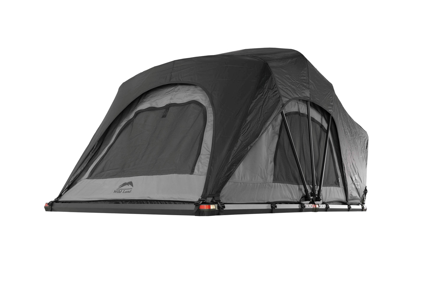 Dachzelt Softtop, leicht, aufgebaut, Fenster und Türen geschlossen Heckansicht mit Aluaufbau. 