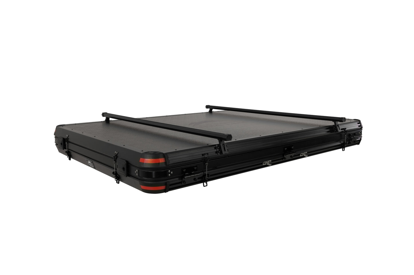 Dachzelt für Auto und Minicamper, 2 Personen, Hartschale. Zusammengebaut Nahansicht mit Dachträgern. 