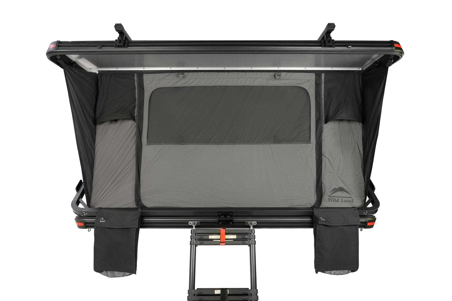 Dachzelt für Auto und Minicamper, 2 Personen, Hartschale mit Z-förmigem Bügel, Frontansicht geschlossen mit Leiter