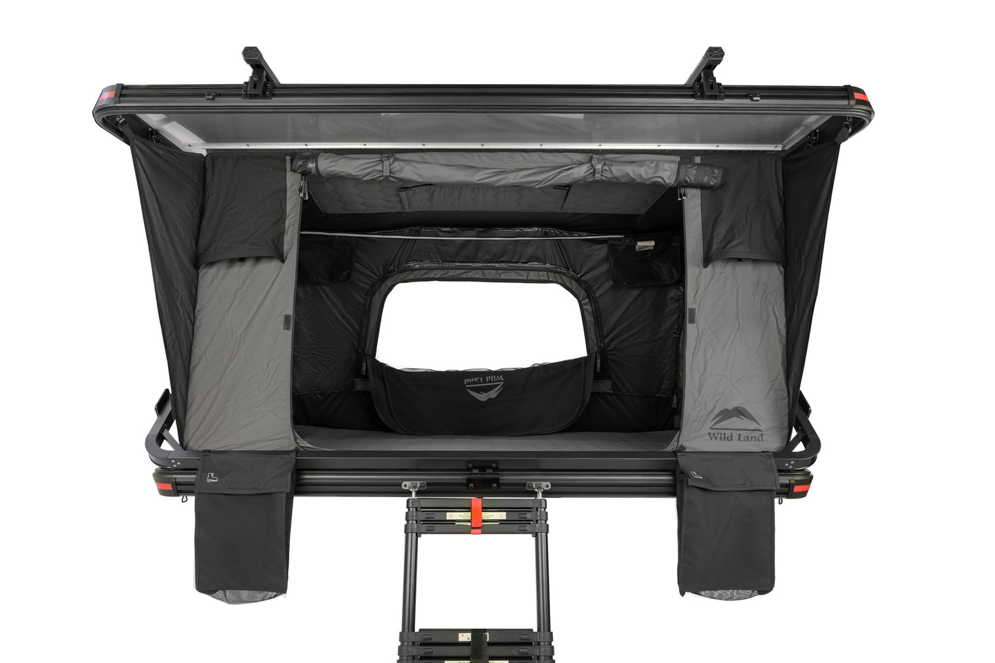 Dachzelt für Auto und Minicamper, 2 Personen, Hartschale mit Z-förmigem Bügel, Frontansicht mit Kederschiene und Dachträger geöffnet