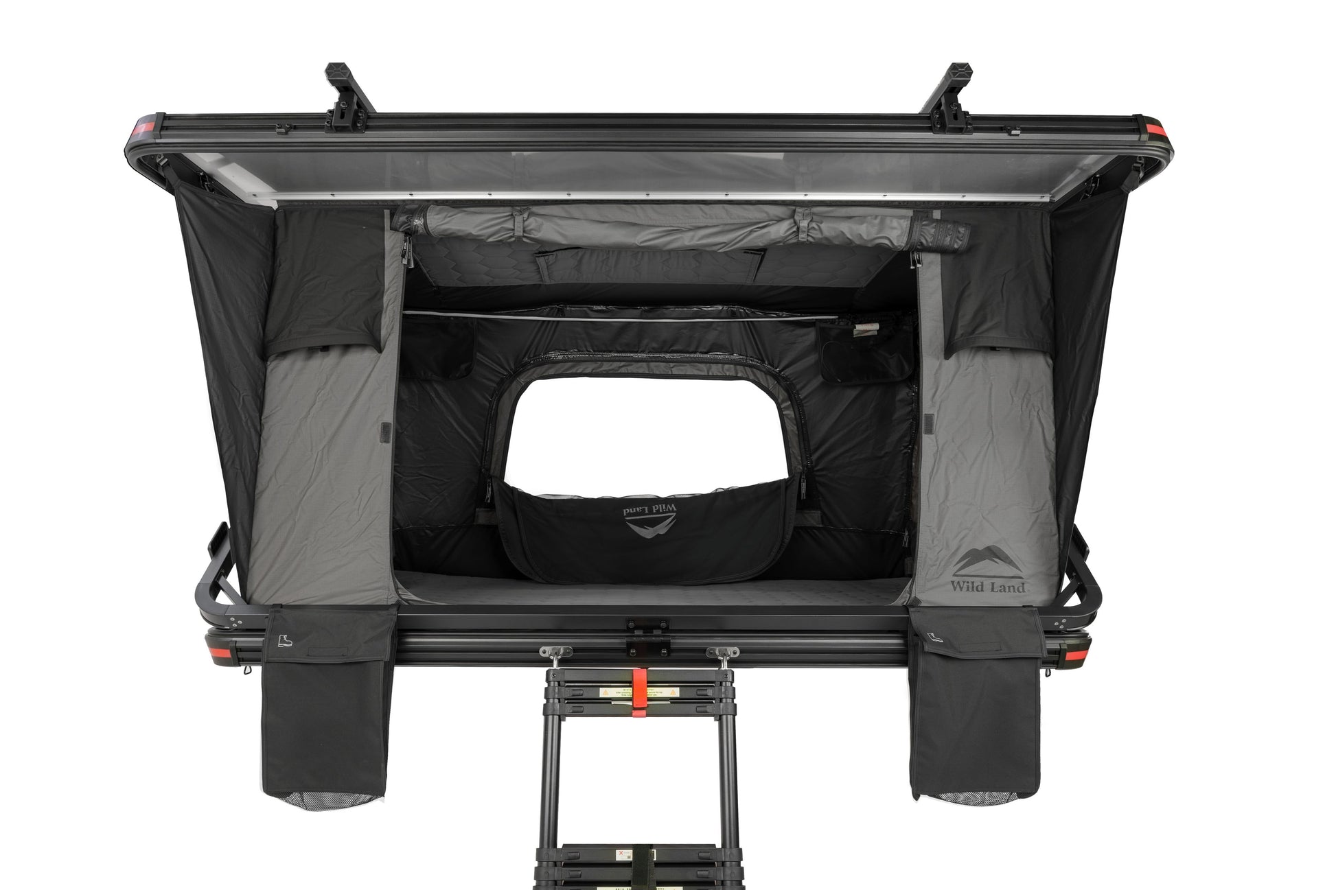 Dachzelt für Auto und Minicamper, 2 Personen, Hartschale mit Z-förmigem Bügel, Frontansicht mit Kederschiene und Dachträger geöffnet