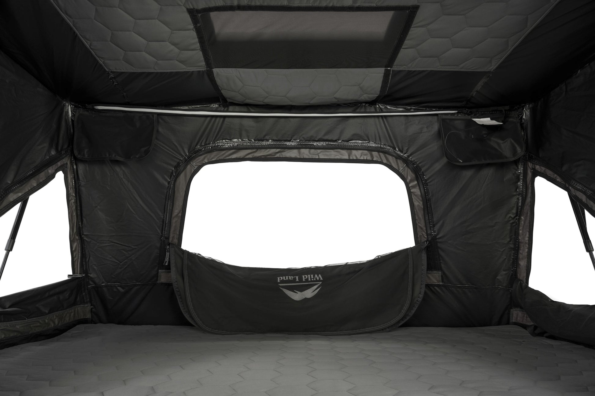 Dachzelt für Auto und Minicamper, 2 Personen, Hartschale mit Z-förmigem Bügel, Innenansicht Fenster geöffnet und LED Leiste