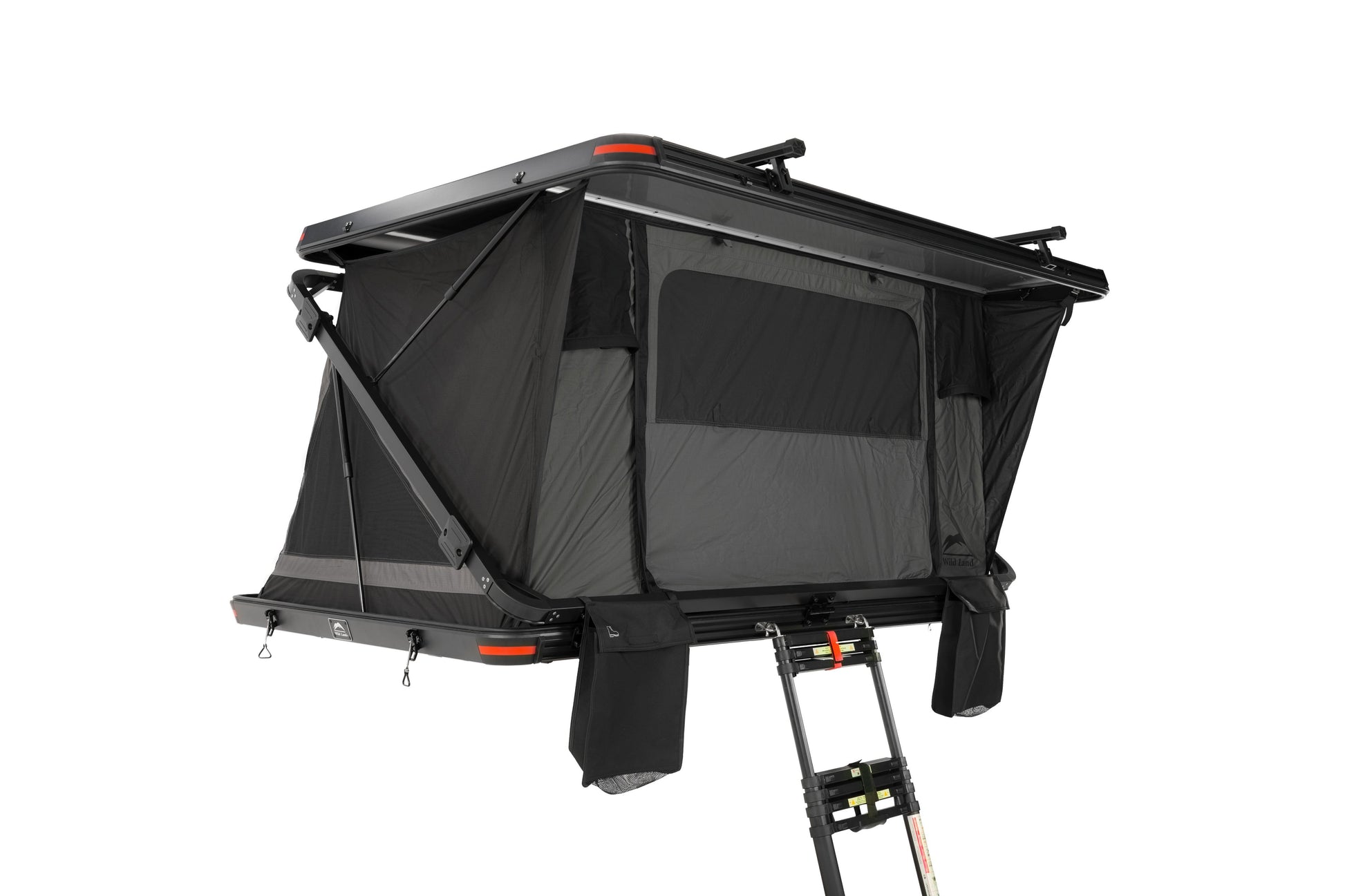 Dachzelt für Auto und Minicamper, 2 Personen, Hartschale mit Z-förmigem Bügel, Komplettansicht mit Leiter, Schuhsäcken und Dachträger geschlossen