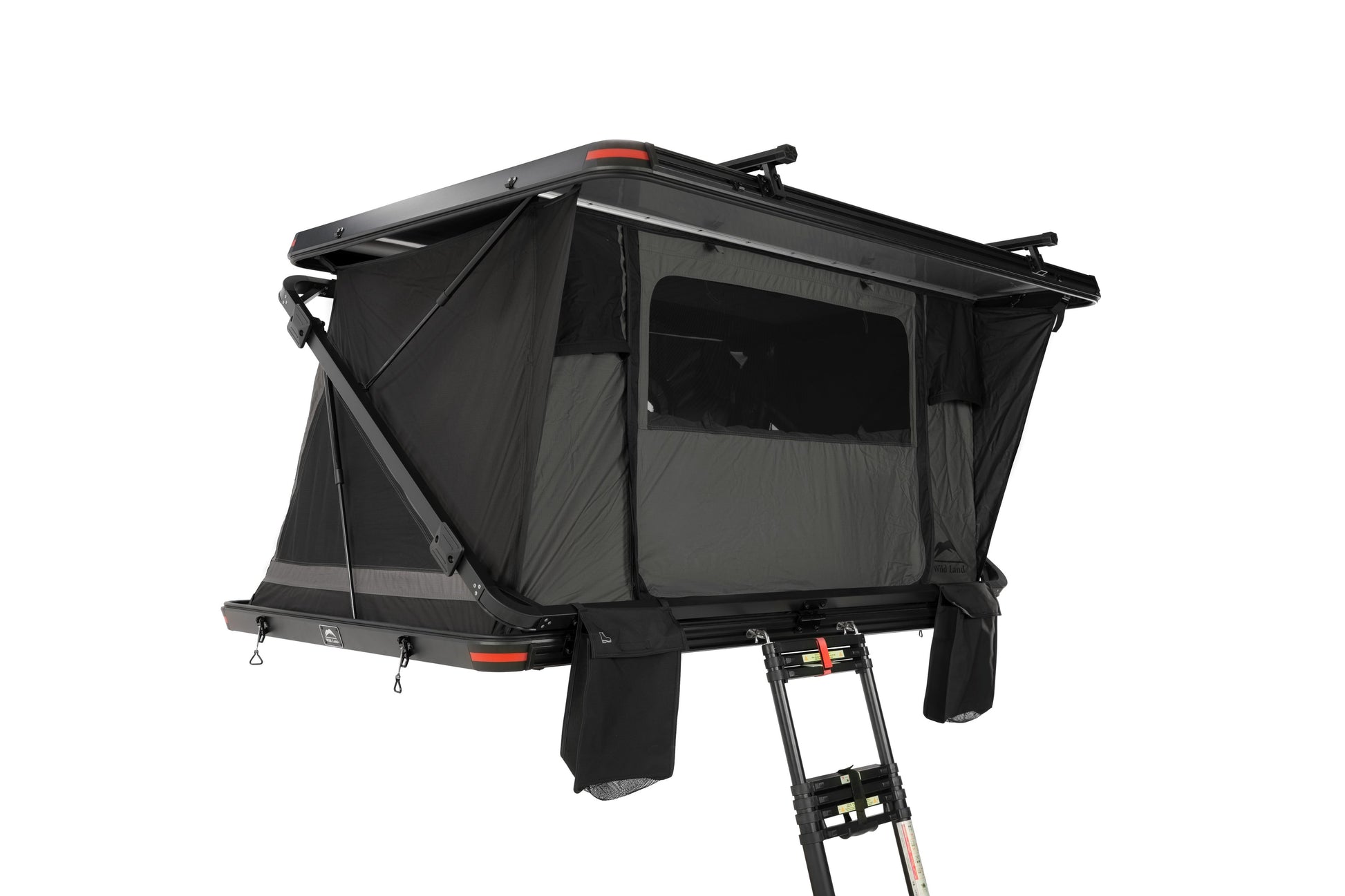 Dachzelt für Auto und Minicamper, 2 Personen, Hartschale mit Z-förmigem Bügel, Komplettansicht mit geöffnetem Gaze Netz, Leiter und Dachträger