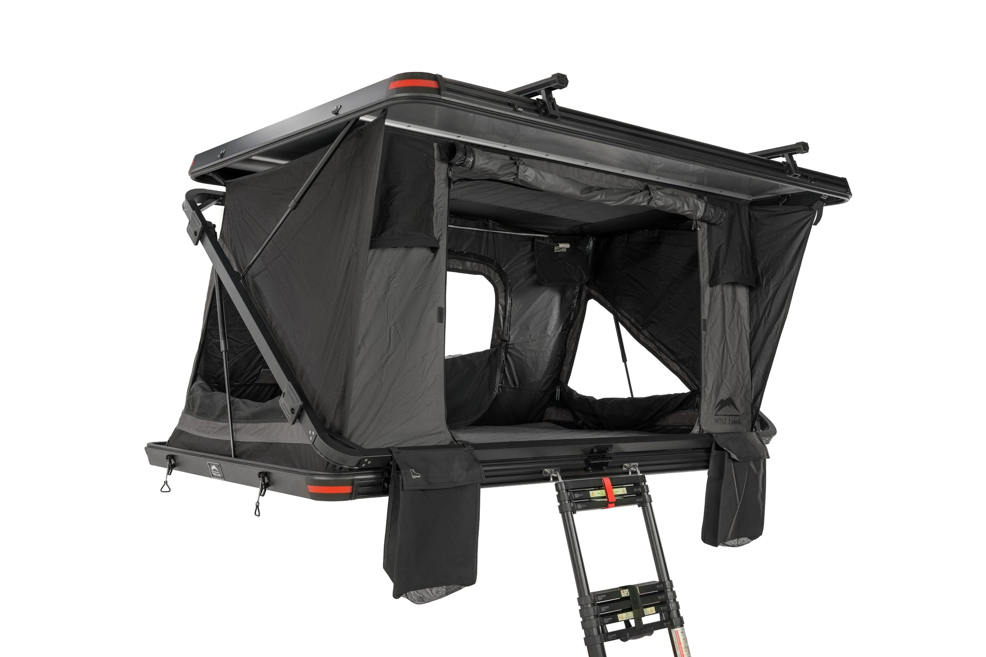 Dachzelt für Auto und Minicamper, 2 Personen, Hartschale mit Z-förmigem Bügel, komplette Ansicht mit geöffneten Fenstern und sichtbarer Matratze