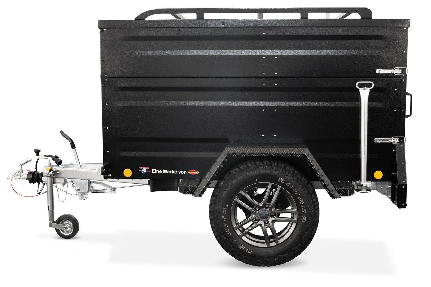 Schwarzer TPV EB2 Plus Offroad Dachzelt Anhänger – Produktfoto vor weißem Hintergrund.