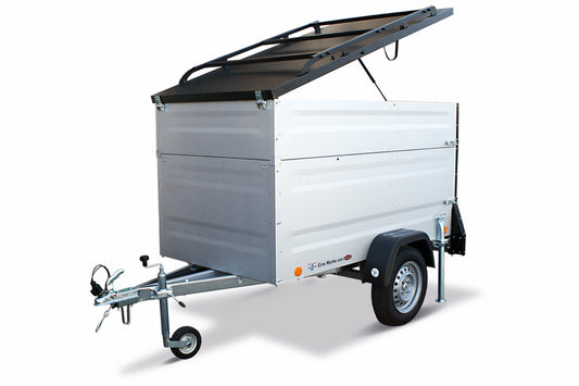 Minicamper TPV EB3 Plus Dachzelt Anhänger in Silber – Studioaufnahme vor weißem Hintergrund.