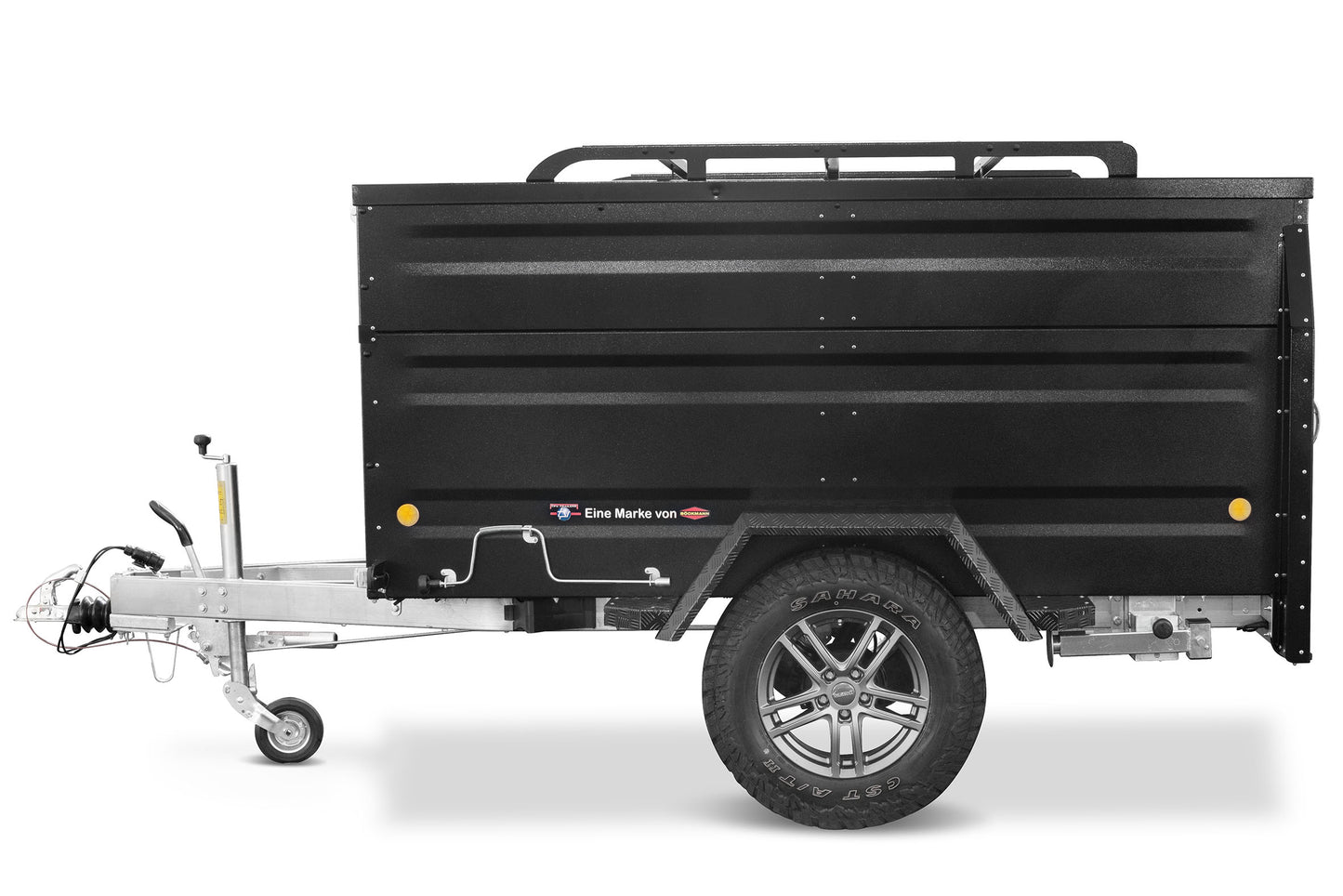 Schwarzer TPV EB3 Offroad Dachzelt Anhänger Minicamper – Produktfoto vor weißem Hintergrund.