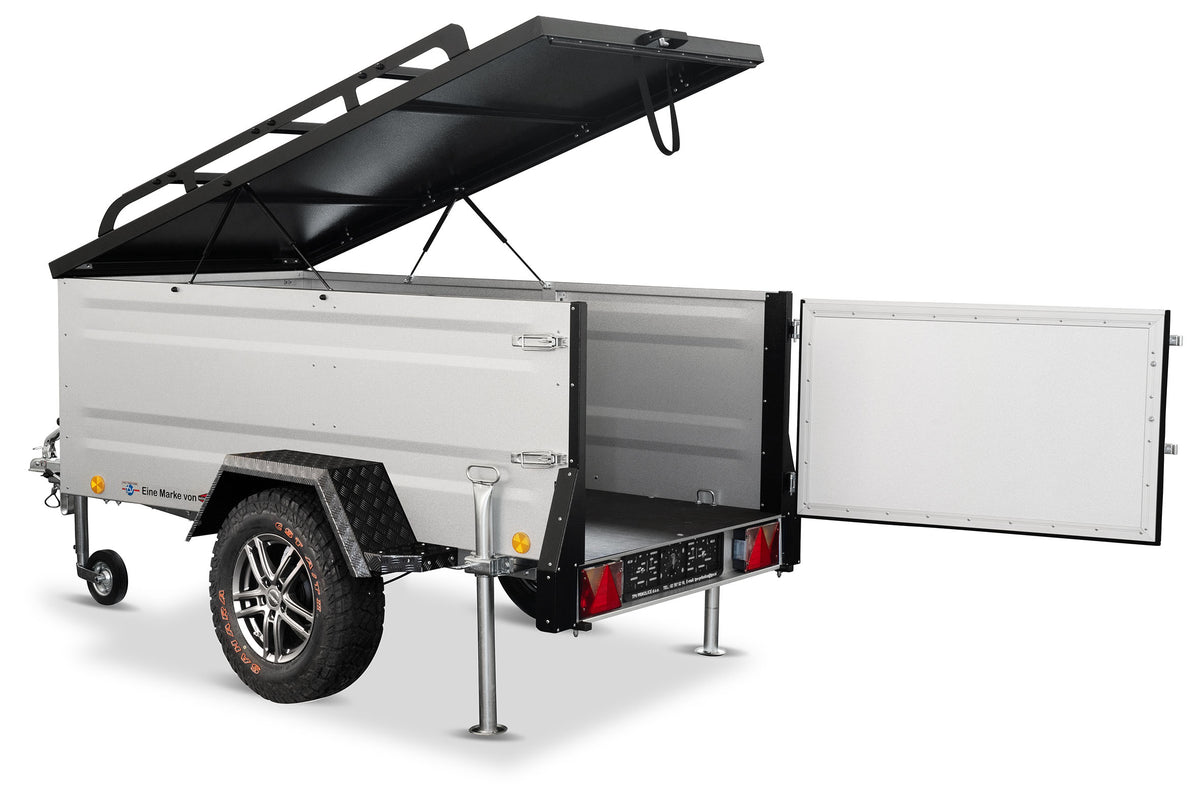 Offroad Dachzelt Anhänger Minicamper TPV EB3 in Silber – Produktfoto vor weißem Hintergrund.
