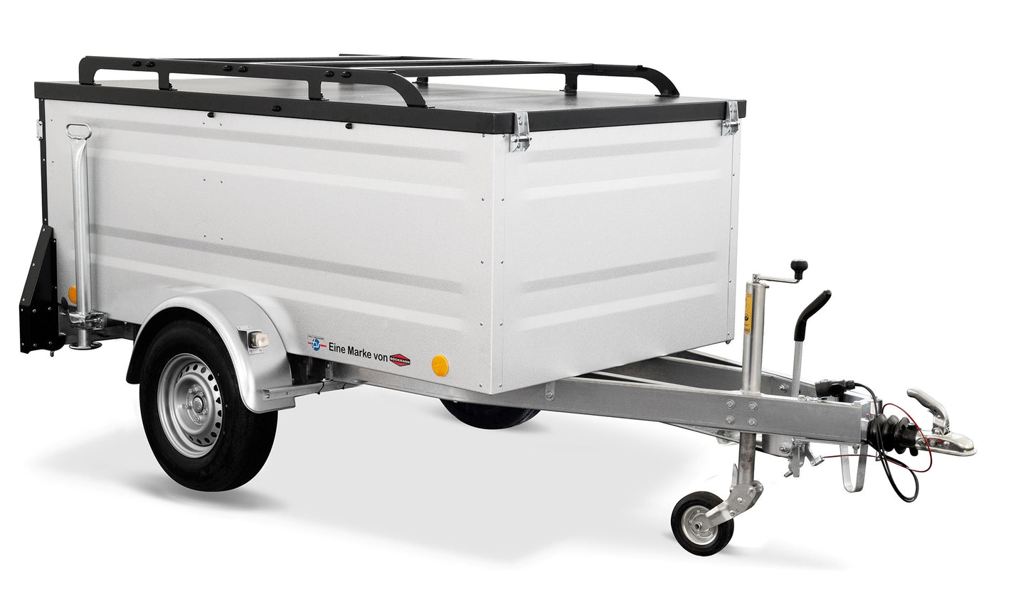 Minicamper TPV EB3 Silber – Dachzelt Anhänger Produktbild vor weißem Hintergrund.