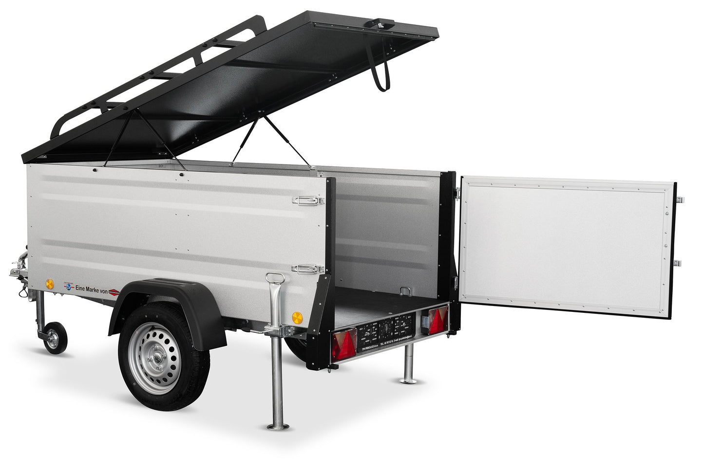 Dachzelt Anhänger Minicamper TPV EU2 in Silber – Seitenansicht vor weißem Hintergrund.