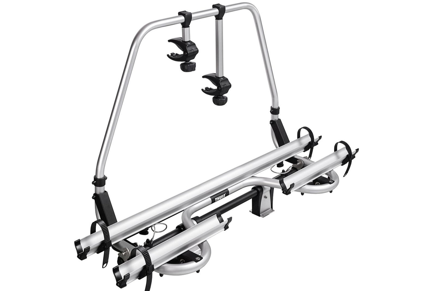 Produktfoto eines silbernen Fahrradträgers vor weißem Hintergrund
