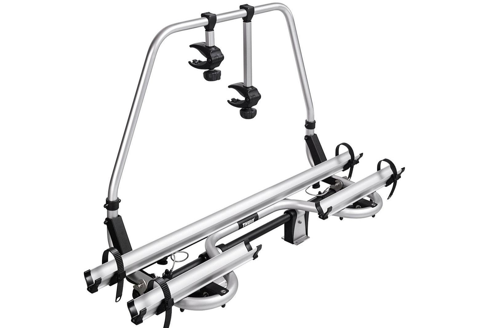 Produktfoto eines silbernen Fahrradträgers vor weißem Hintergrund