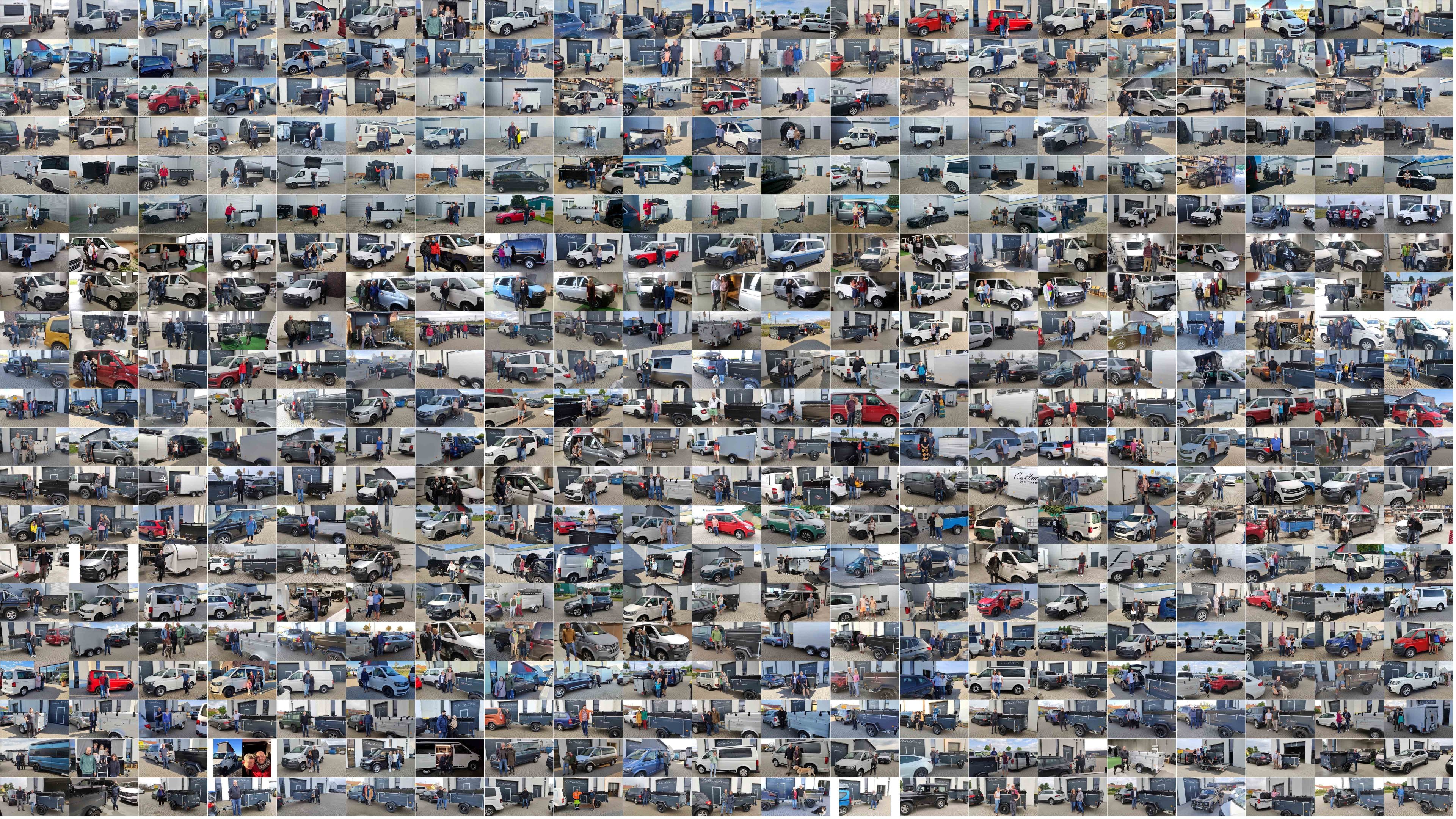 Viele einzelne Bilder von Kunden die Fahrzeuge (Anhänger und VW Busse) gekauft haben. 