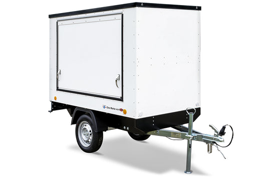 Kleiner Verkaufsanhänger 650kg gebremst & höhergelegt / Messeanhänger HL-KT-EB2 weiß mit Aufstellklappen- nicht für den Straßenverkehr