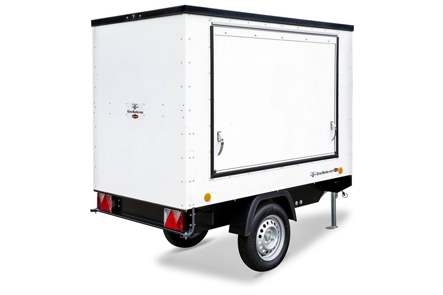 Kleiner Verkaufsanhänger 650kg gebremst & höhergelegt / Messeanhänger HL-KT-EB2 weiß mit Aufstellklappen- nicht für den Straßenverkehr