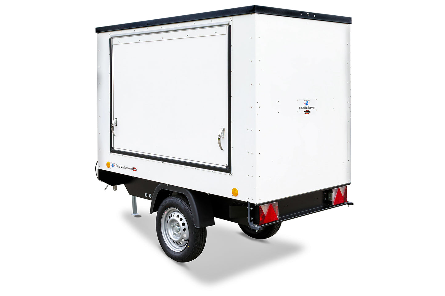 Kleiner Verkaufsanhänger 650kg gebremst & höhergelegt / Messeanhänger HL-KT-EB2 weiß mit Aufstellklappen- nicht für den Straßenverkehr