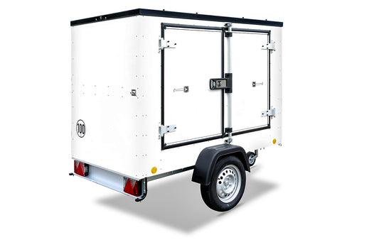 Kleiner Verkaufsanhänger 1.000kg gebremst / Messeanhänger KT-EB2 weiß mit Doppelflügeltür rechts