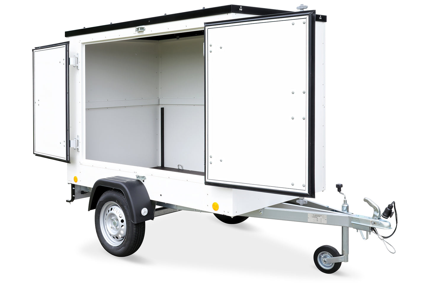 Kleiner Verkaufsanhänger 1.000kg gebremst / Messeanhänger KT-EB2 weiß mit Doppelflügeltür rechts