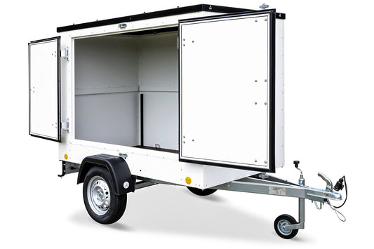 Kleiner Verkaufsanhänger 750kg ungebremst / Messeanhänger KT-EU2 weiß mit Doppelflügeltür rechts