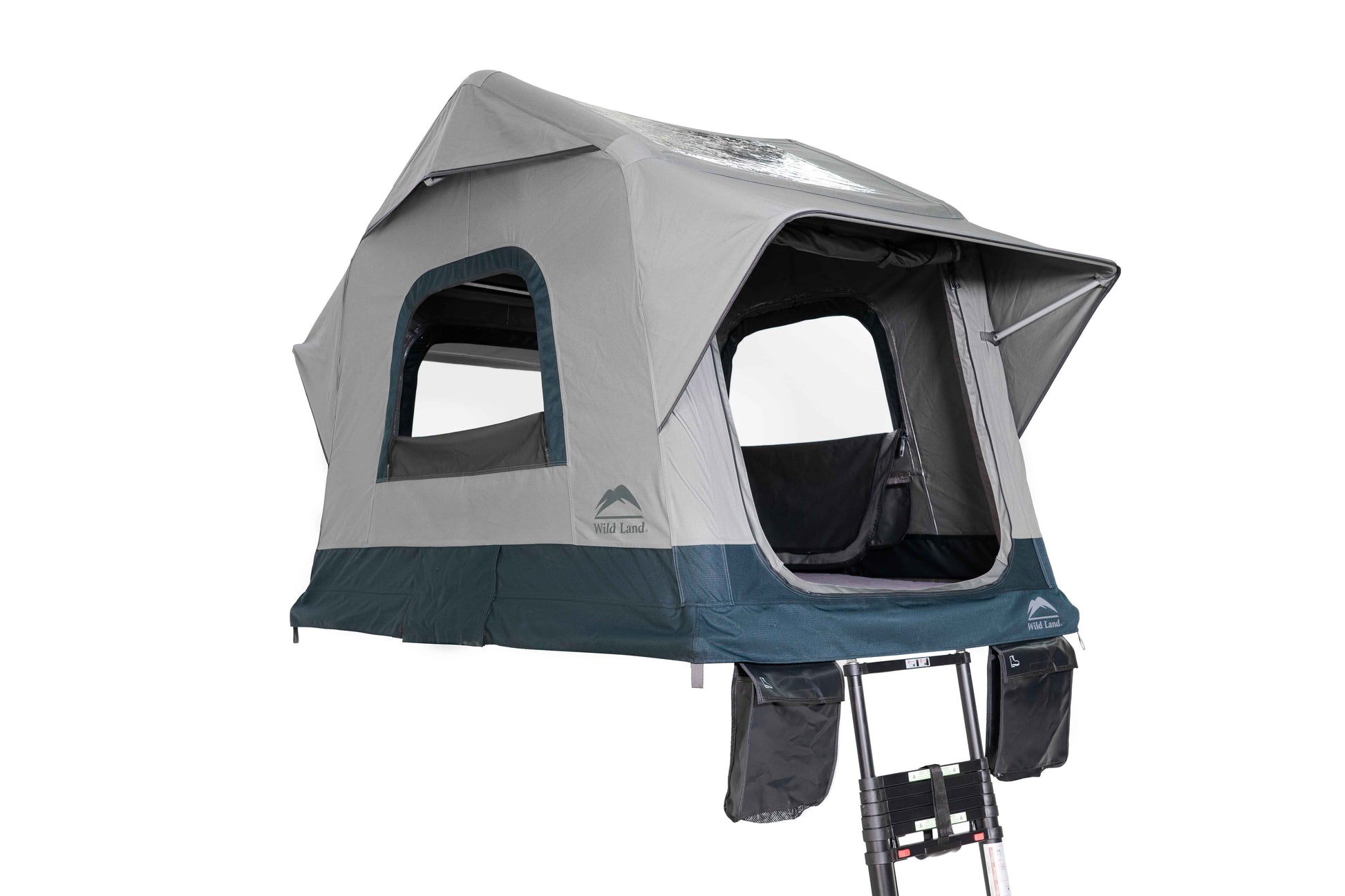 Aufblasbares Zweipersonen-Dachzelt, freigestellt vor weißem Hintergrund, inklusive Leiter.