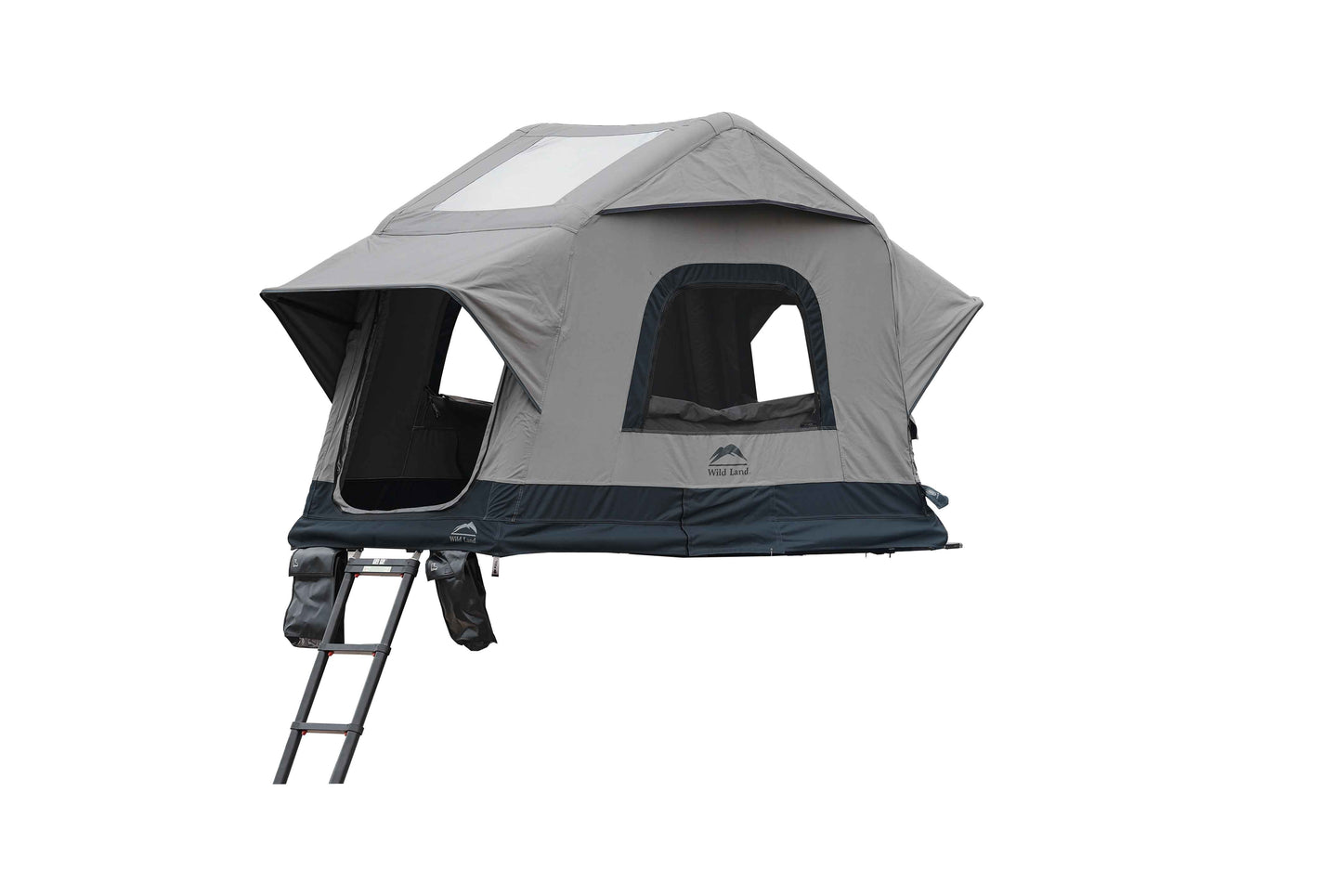 Aufblasbares Zweipersonen-Dachzelt, freigestellt vor weißem Hintergrund, mit Dachüberstand auf zwei Seiten und geöffneten Fenstern