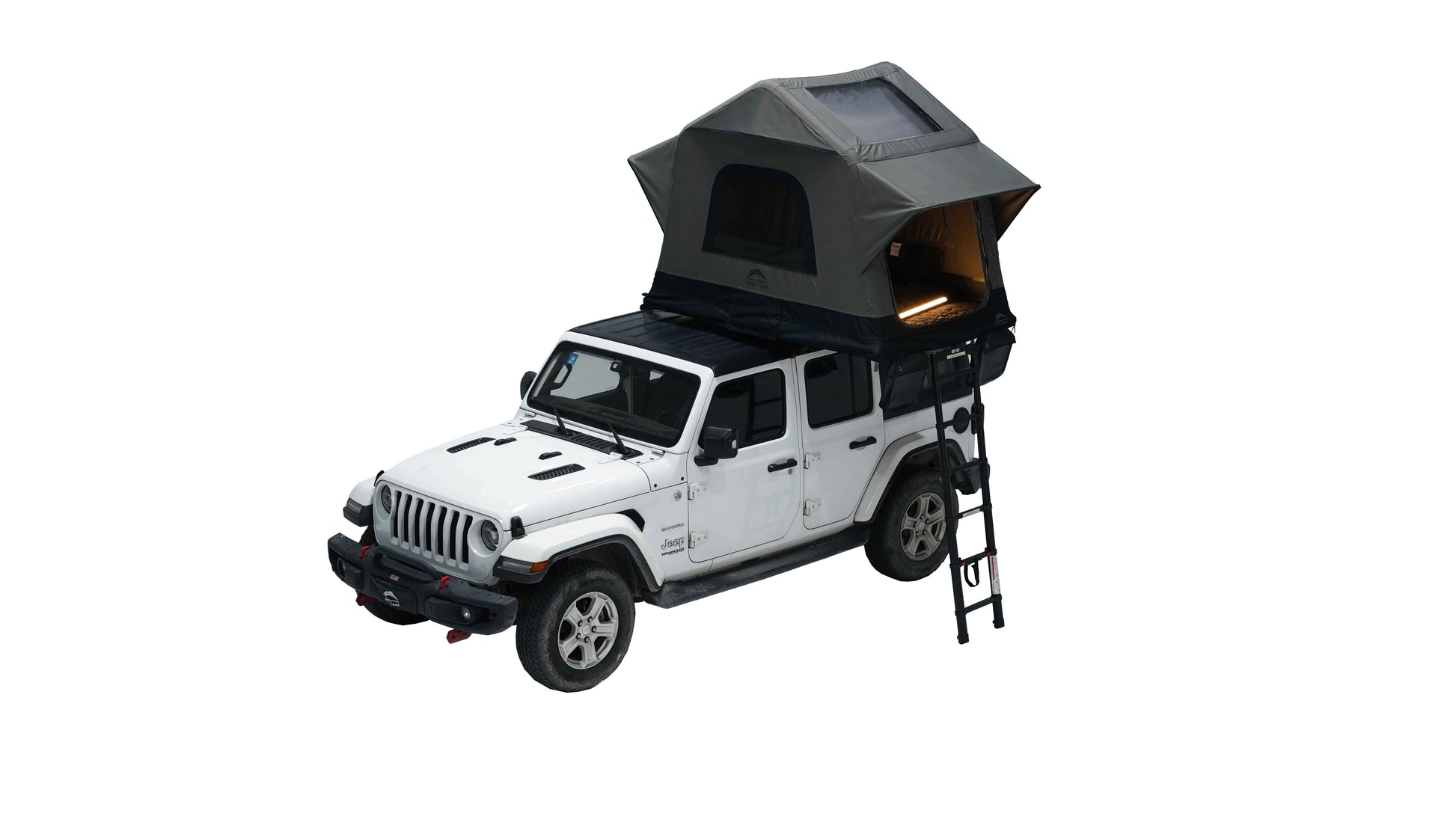 Aufgebautes aufblasbares Zweipersonen-Dachzelt auf einem Auto, seitliche Ansicht mit integrierter Beleuchtung