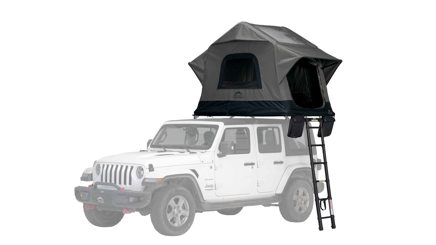 Aufblasbares Zweipersonen-Dachzelt, freigestellt vor weißem Hintergrund, geöffnete Seitenteile 