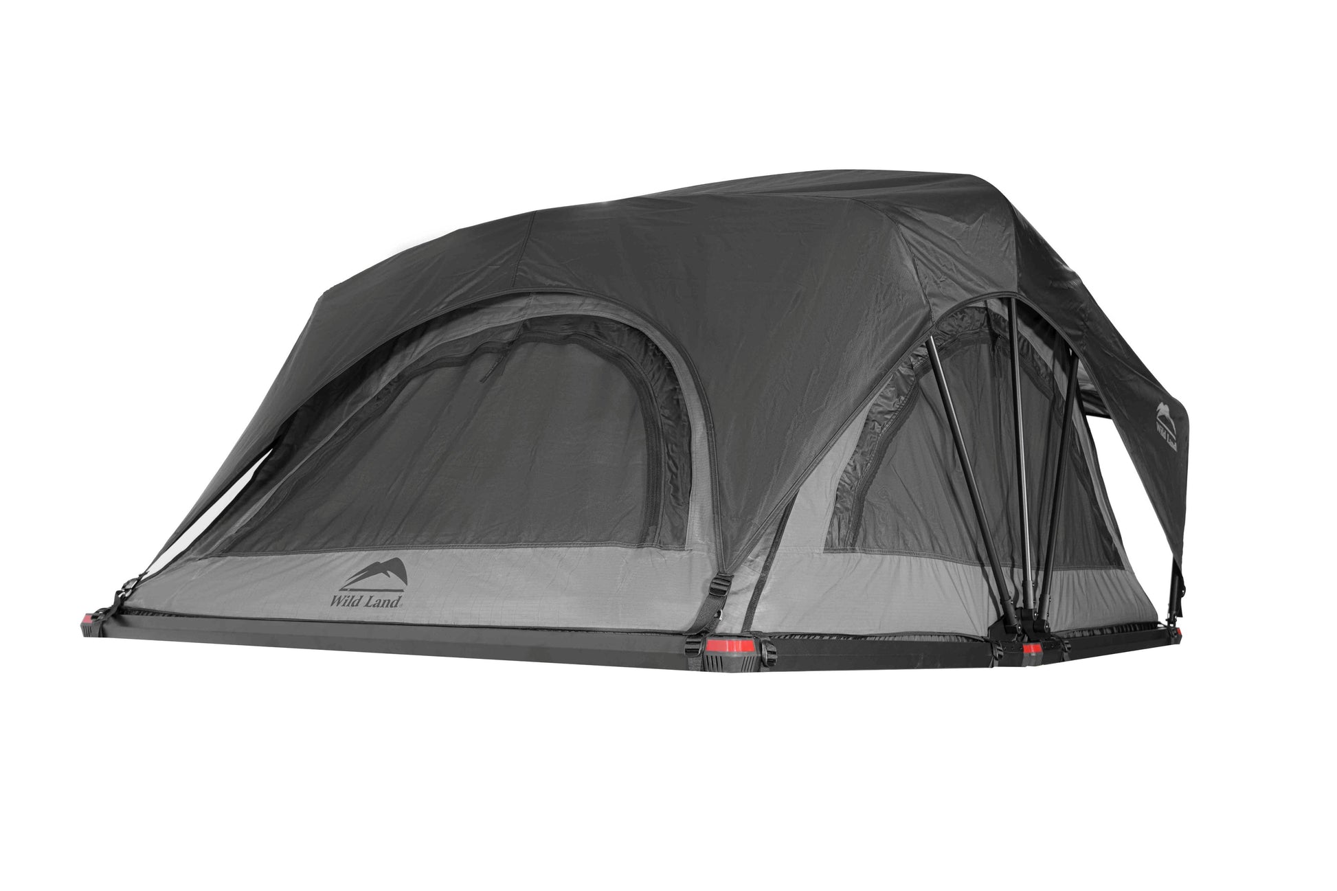 Dachzelt, seitlich von hinten aufgenommen, freigestellt und vor reinweißem Hintergrund